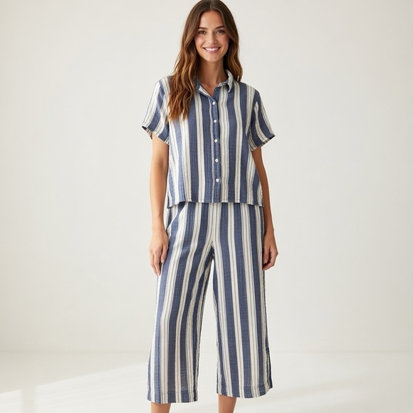 Old Navy Pants - Old Navy Blue White Striped 2 Piece Outfit Button Up Top Wide Leg Pants